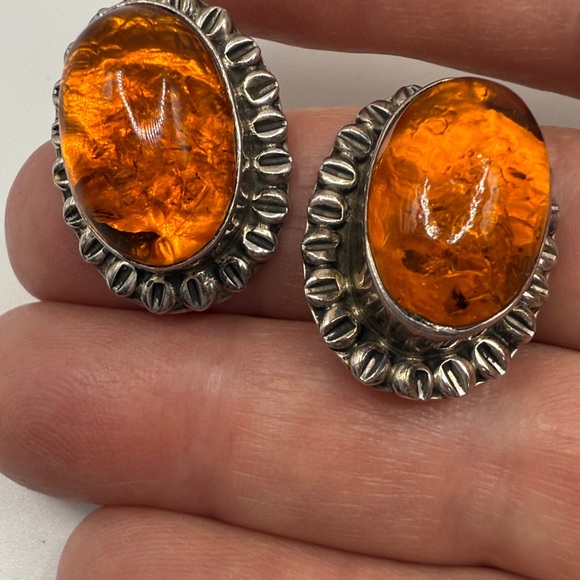 Sterling Silver Amber Oval Stud Earrings - Deep Orange - Picture 9 of 13
